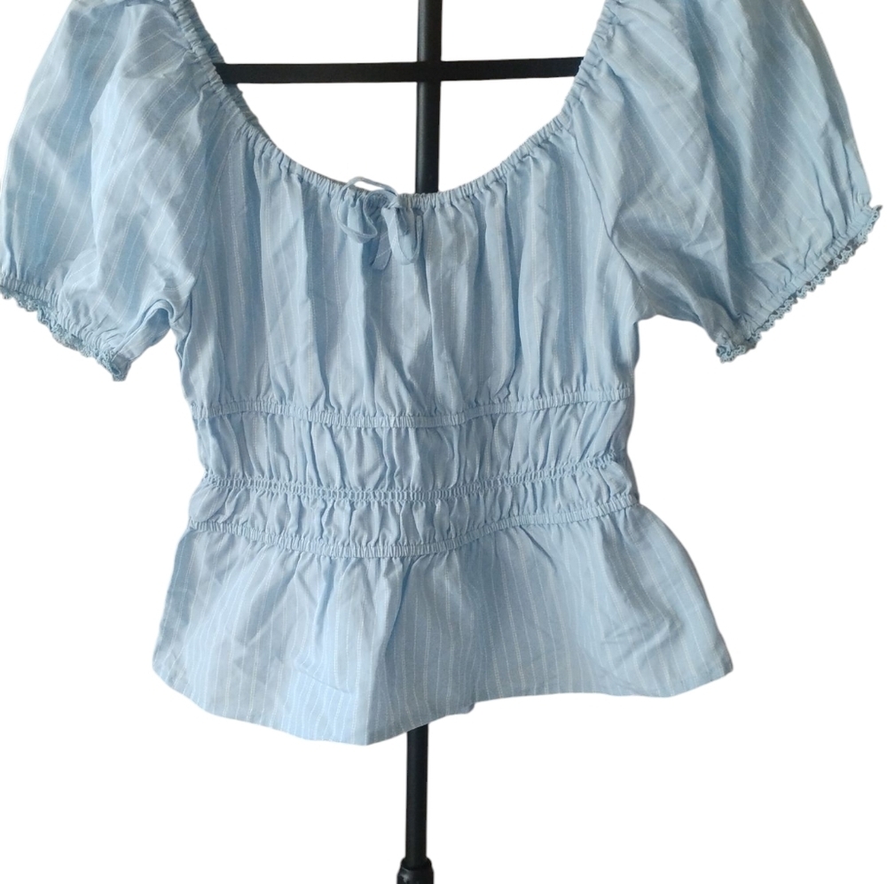 Celebrity Pink Women's Blue Striped Puff Sleeve Boho Top SZ S - Picture 3 of 3